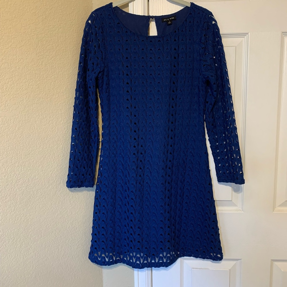 As U Wish Blue Sheath Mini Dress Long Sleeve Crew Neck